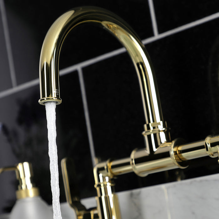 Kingston Sona KS2172KL - Whitaker Two-Handle 2-Hole Deck Mount Bridge Bathroom Faucet with Push Pop-Up Drain, Polished Brass