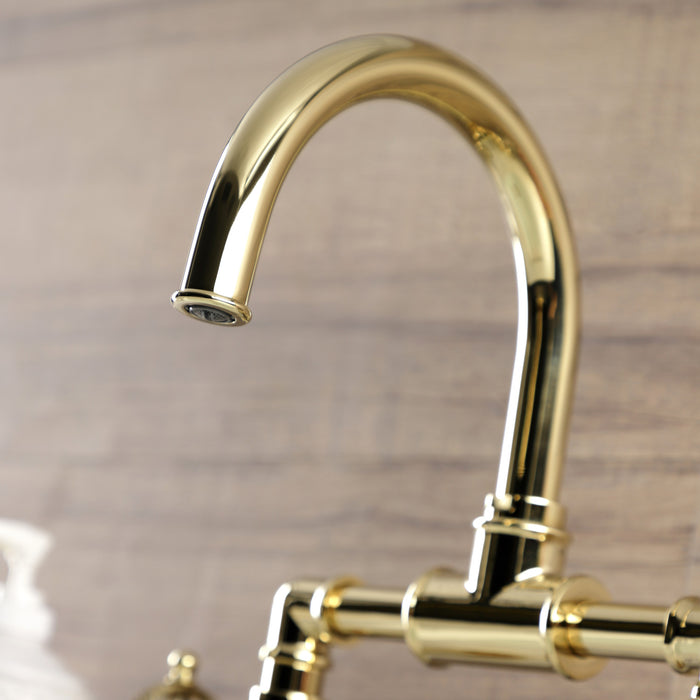 Kingston Sona KS2172RKX - Webb Two-Handle 2-Hole Deck Mount Bridge Bathroom Faucet with Knurled Handle and Push Pop-Up Drain, Polished Brass