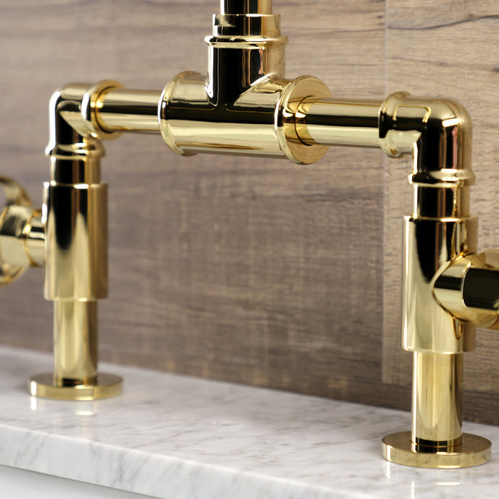 Kingston Sona KS2172RKX - Webb Two-Handle 2-Hole Deck Mount Bridge Bathroom Faucet with Knurled Handle and Push Pop-Up Drain, Polished Brass