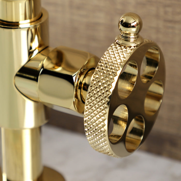 Kingston Sona KS2172RKX - Webb Two-Handle 2-Hole Deck Mount Bridge Bathroom Faucet with Knurled Handle and Push Pop-Up Drain, Polished Brass