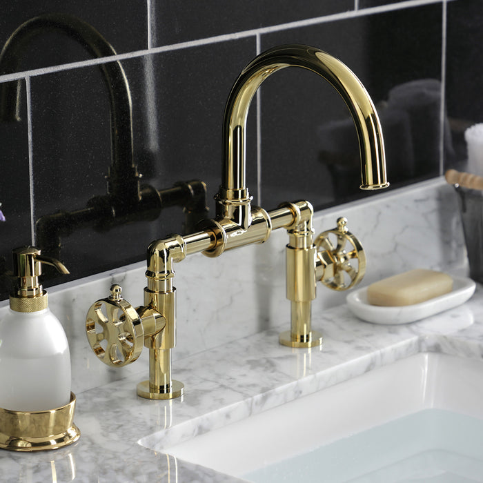 Kingston Sona KS2172RX - Belknap Two-Handle 2-Hole Deck Mount Bridge Bathroom Faucet with Push Pop-Up Drain, Polished Brass