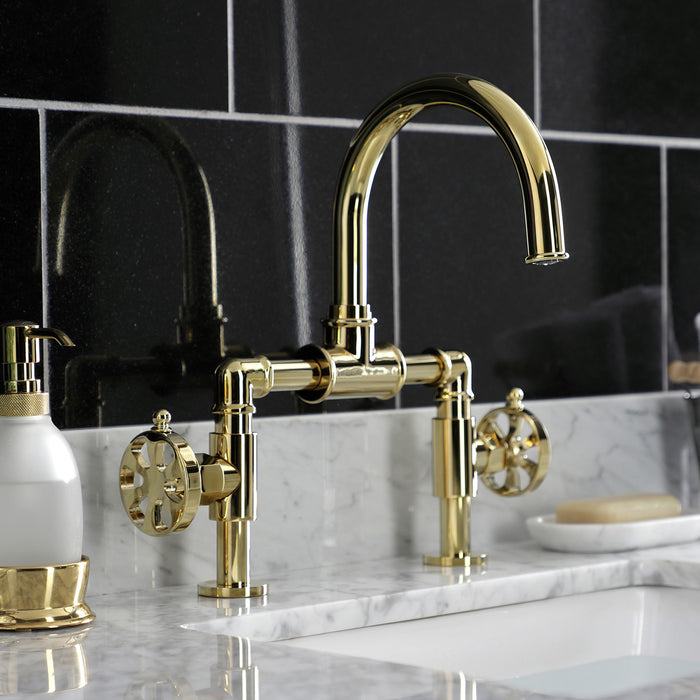 Kingston Sona KS2172RX - Belknap Two-Handle 2-Hole Deck Mount Bridge Bathroom Faucet with Push Pop-Up Drain, Polished Brass