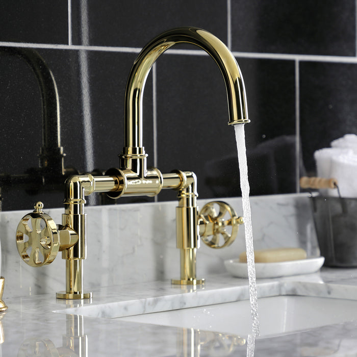 Kingston Sona KS2172RX - Belknap Two-Handle 2-Hole Deck Mount Bridge Bathroom Faucet with Push Pop-Up Drain, Polished Brass