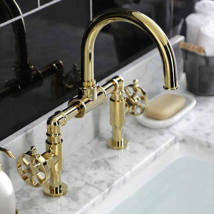 Kingston Sona KS2172RX - Belknap Two-Handle 2-Hole Deck Mount Bridge Bathroom Faucet with Push Pop-Up Drain, Polished Brass