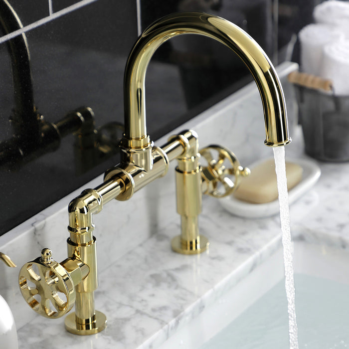 Kingston Sona KS2172RX - Belknap Two-Handle 2-Hole Deck Mount Bridge Bathroom Faucet with Push Pop-Up Drain, Polished Brass