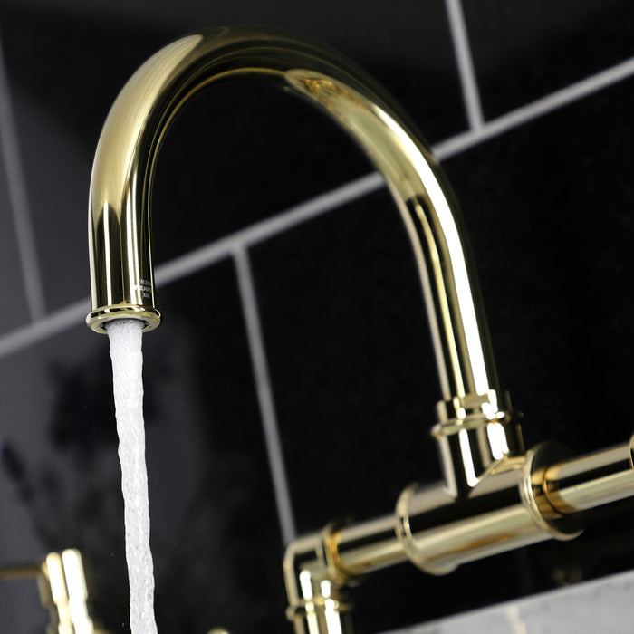 Kingston Sona KS2172RX - Belknap Two-Handle 2-Hole Deck Mount Bridge Bathroom Faucet with Push Pop-Up Drain, Polished Brass