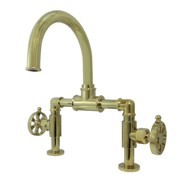 Kingston Sona KS2172RX - Belknap Two-Handle 2-Hole Deck Mount Bridge Bathroom Faucet with Push Pop-Up Drain, Polished Brass