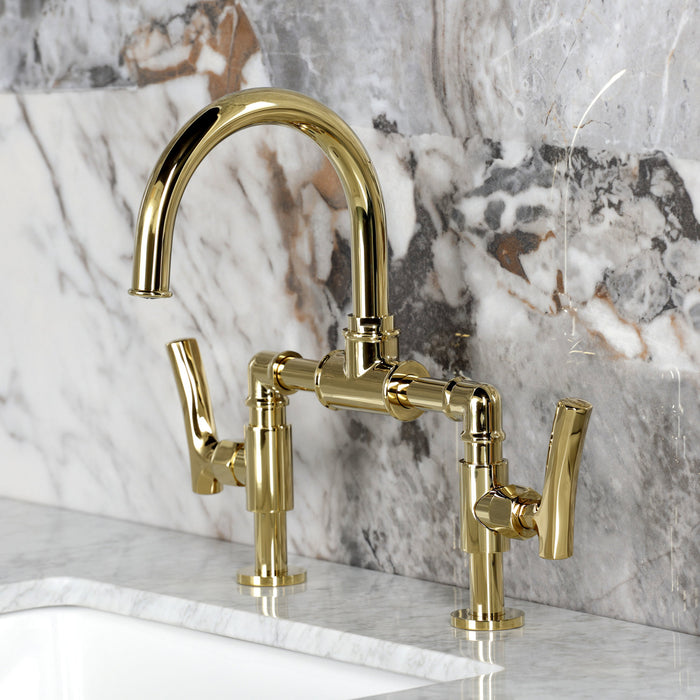 Kingston Sona KS2172TKL - Hallerbos Two-Handle 4-Hole Deck Mount Bridge Bathroom Faucet with Push Pop-Up Drain, Polished Brass