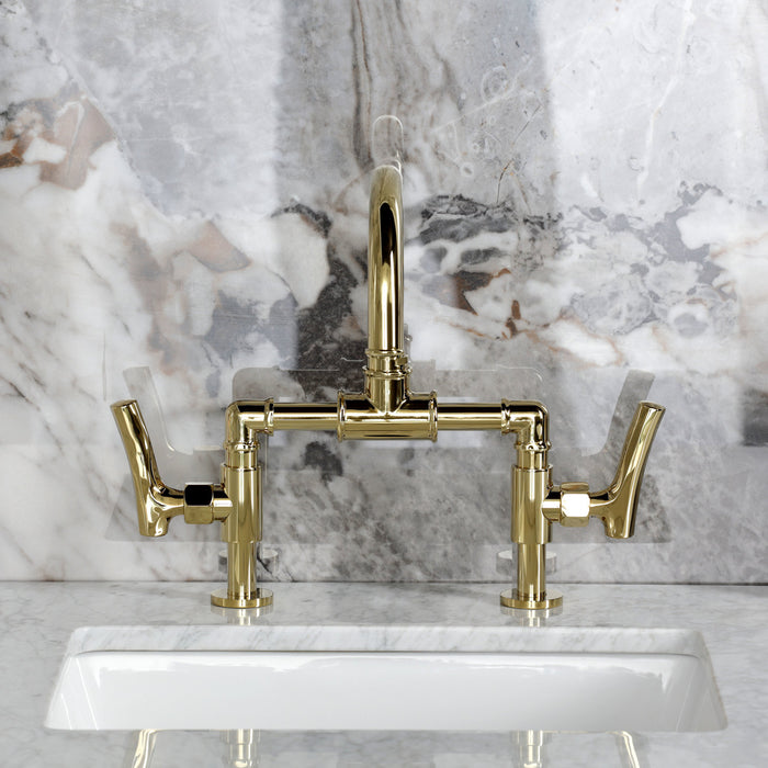 Kingston Sona KS2172TKL - Hallerbos Two-Handle 4-Hole Deck Mount Bridge Bathroom Faucet with Push Pop-Up Drain, Polished Brass
