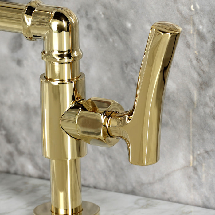 Kingston Sona KS2172TKL - Hallerbos Two-Handle 4-Hole Deck Mount Bridge Bathroom Faucet with Push Pop-Up Drain, Polished Brass