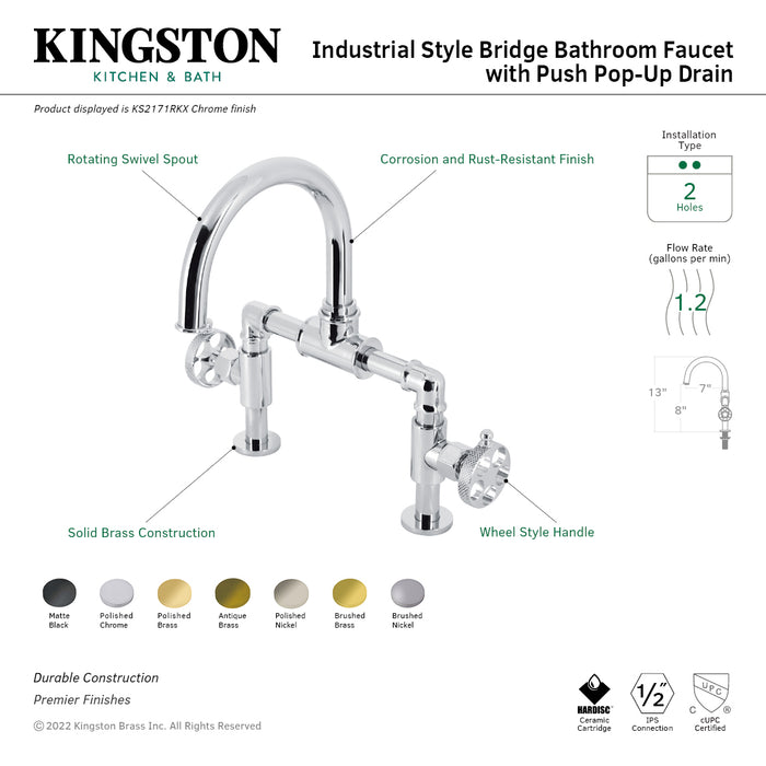 Kingston Sona KS2173RKX - Webb Two-Handle 2-Hole Deck Mount Bridge Bathroom Faucet with Knurled Handle and Push Pop-Up Drain, Antique Brass