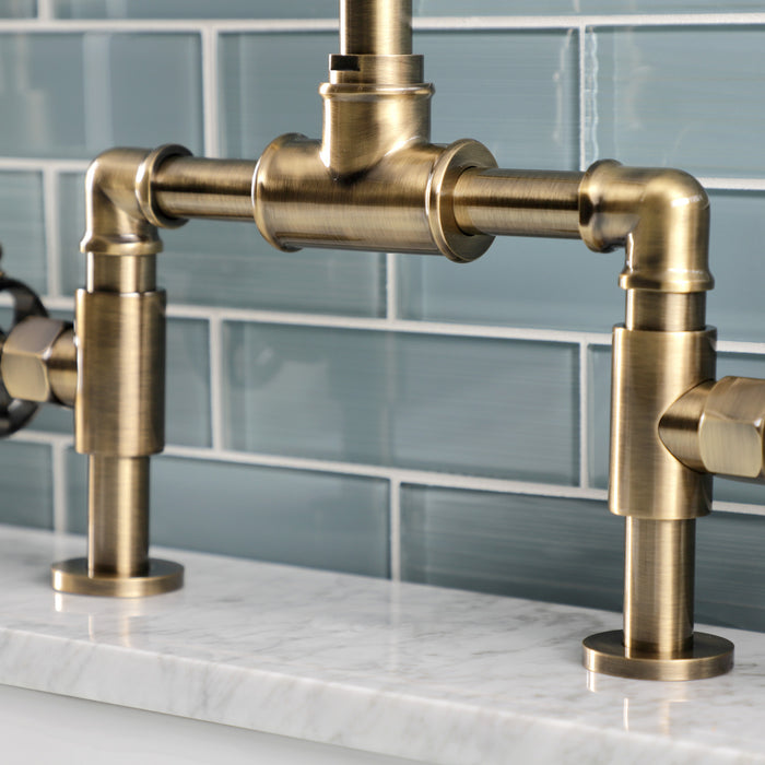 Kingston Sona KS2173RKX - Webb Two-Handle 2-Hole Deck Mount Bridge Bathroom Faucet with Knurled Handle and Push Pop-Up Drain, Antique Brass