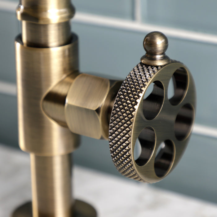 Kingston Sona KS2173RKX - Webb Two-Handle 2-Hole Deck Mount Bridge Bathroom Faucet with Knurled Handle and Push Pop-Up Drain, Antique Brass