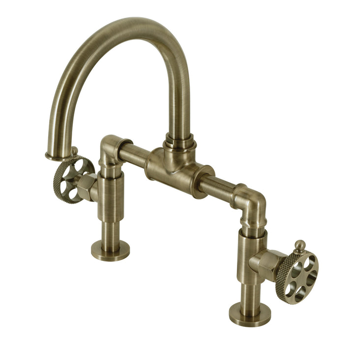 Kingston Sona KS2173RKX - Webb Two-Handle 2-Hole Deck Mount Bridge Bathroom Faucet with Knurled Handle and Push Pop-Up Drain, Antique Brass