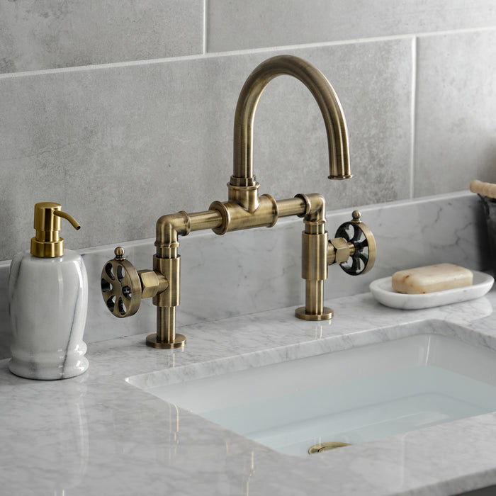 Kingston Sona KS2173RX - Belknap Two-Handle 2-Hole Deck Mount Bridge Bathroom Faucet with Push Pop-Up Drain, Antique Brass