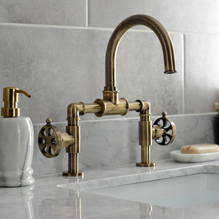 Kingston Sona KS2173RX - Belknap Two-Handle 2-Hole Deck Mount Bridge Bathroom Faucet with Push Pop-Up Drain, Antique Brass