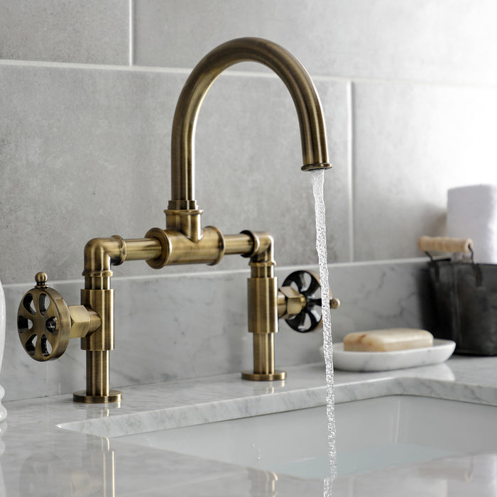 Kingston Sona KS2173RX - Belknap Two-Handle 2-Hole Deck Mount Bridge Bathroom Faucet with Push Pop-Up Drain, Antique Brass