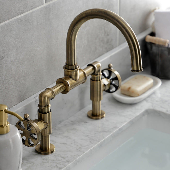 Kingston Sona KS2173RX - Belknap Two-Handle 2-Hole Deck Mount Bridge Bathroom Faucet with Push Pop-Up Drain, Antique Brass
