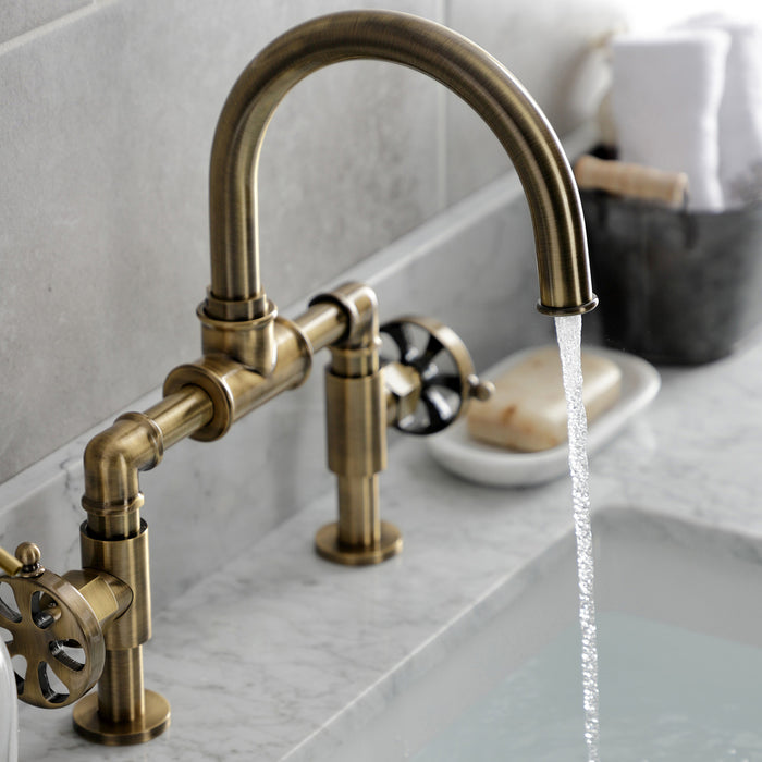 Kingston Sona KS2173RX - Belknap Two-Handle 2-Hole Deck Mount Bridge Bathroom Faucet with Push Pop-Up Drain, Antique Brass