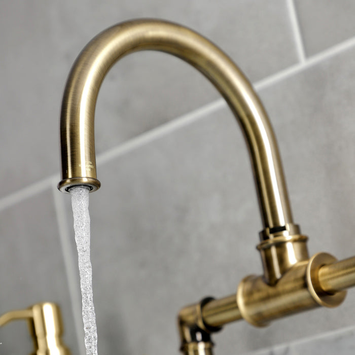 Kingston Sona KS2173RX - Belknap Two-Handle 2-Hole Deck Mount Bridge Bathroom Faucet with Push Pop-Up Drain, Antique Brass
