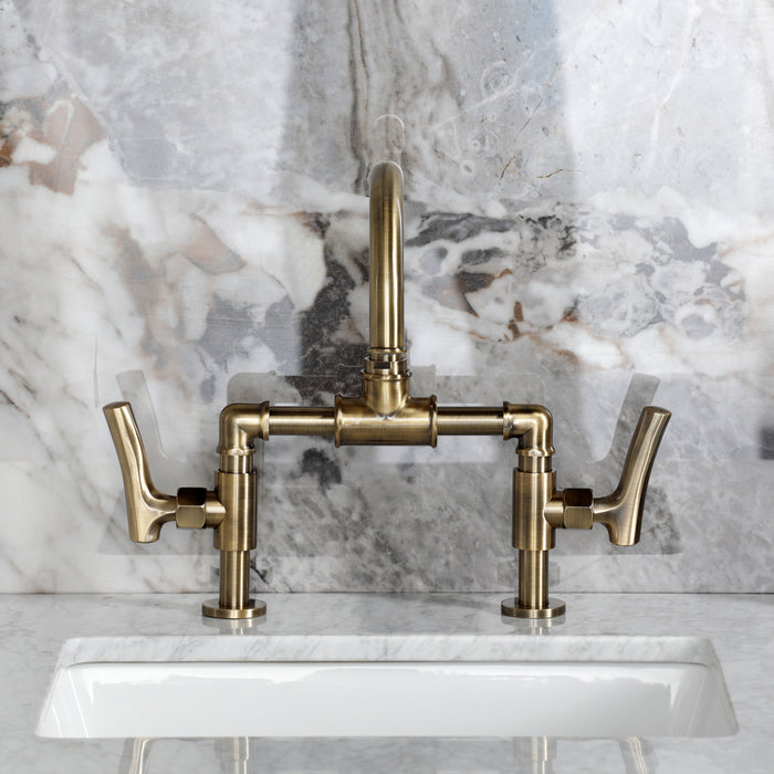 Kingston Sona KS2173TKL - Hallerbos Two-Handle 4-Hole Deck Mount Bridge Bathroom Faucet with Push Pop-Up Drain, Antique Brass
