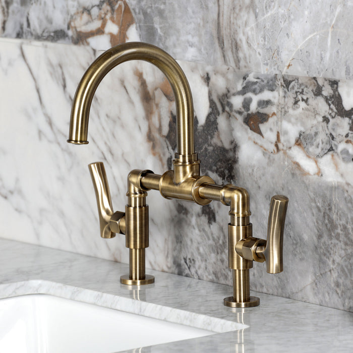 Kingston Sona KS2173TKL - Hallerbos Two-Handle 4-Hole Deck Mount Bridge Bathroom Faucet with Push Pop-Up Drain, Antique Brass