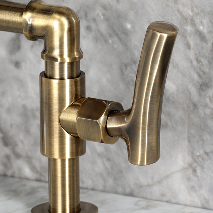 Kingston Sona KS2173TKL - Hallerbos Two-Handle 4-Hole Deck Mount Bridge Bathroom Faucet with Push Pop-Up Drain, Antique Brass