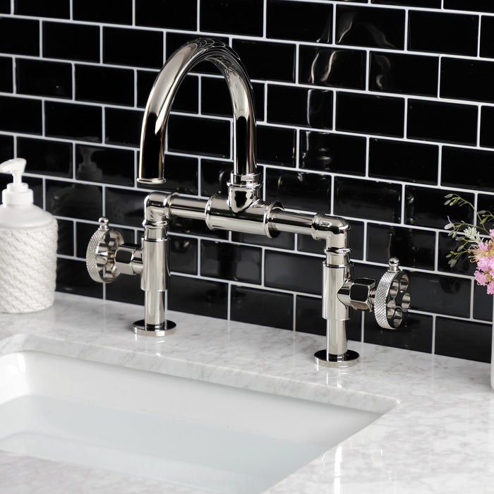 Kingston Sona KS2176RKX - Webb Two-Handle 2-Hole Deck Mount Bridge Bathroom Faucet with Knurled Handle and Push Pop-Up Drain, Polished Nickel