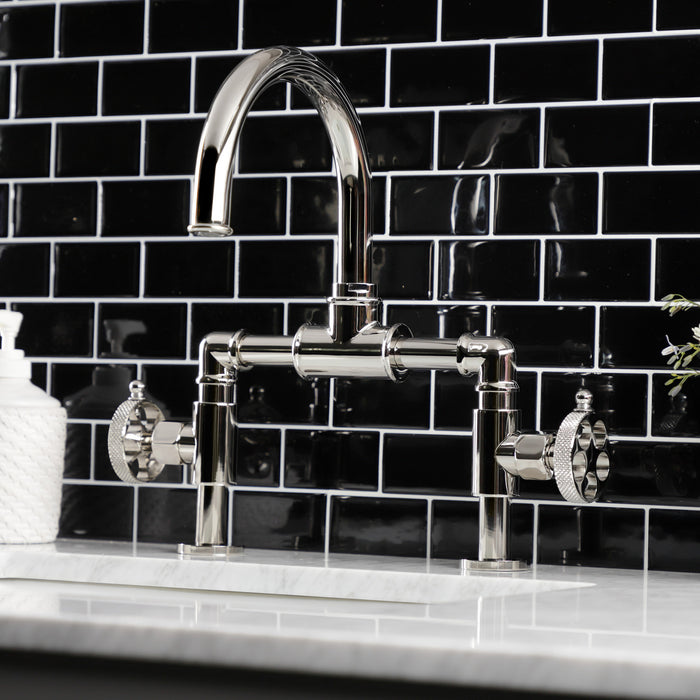 Kingston Sona KS2176RKX - Webb Two-Handle 2-Hole Deck Mount Bridge Bathroom Faucet with Knurled Handle and Push Pop-Up Drain, Polished Nickel