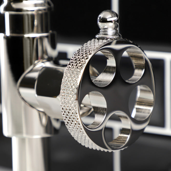 Kingston Sona KS2176RKX - Webb Two-Handle 2-Hole Deck Mount Bridge Bathroom Faucet with Knurled Handle and Push Pop-Up Drain, Polished Nickel