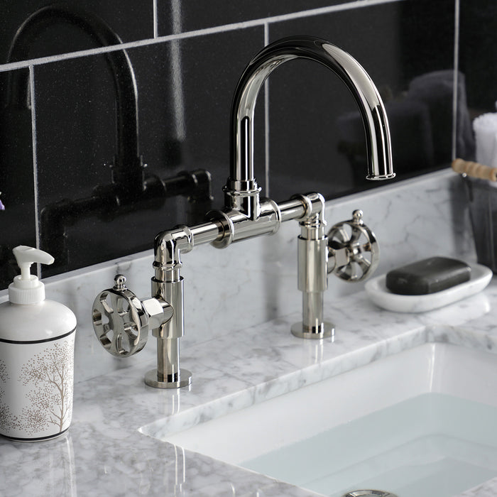 Kingston Sona KS2176RX - Belknap Two-Handle 2-Hole Deck Mount Bridge Bathroom Faucet with Push Pop-Up Drain, Polished Nickel