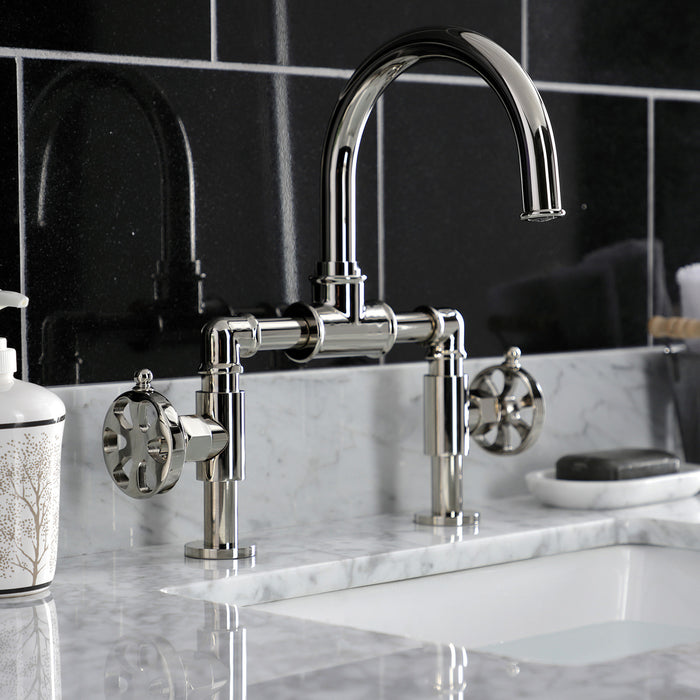 Kingston Sona KS2176RX - Belknap Two-Handle 2-Hole Deck Mount Bridge Bathroom Faucet with Push Pop-Up Drain, Polished Nickel
