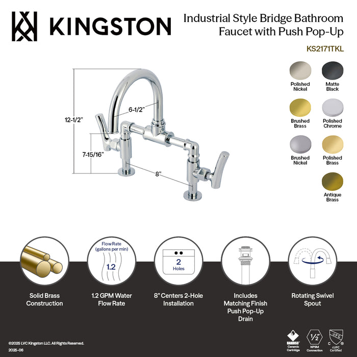 Kingston Sona KS2176TKL - Hallerbos Two-Handle 4-Hole Deck Mount Bridge Bathroom Faucet with Push Pop-Up Drain, Polished Nickel