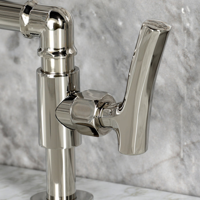 Kingston Sona KS2176TKL - Hallerbos Two-Handle 4-Hole Deck Mount Bridge Bathroom Faucet with Push Pop-Up Drain, Polished Nickel