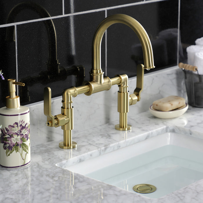 Kingston Sona KS2177KL - Whitaker Two-Handle 2-Hole Deck Mount Bridge Bathroom Faucet with Push Pop-Up Drain, Brushed Brass