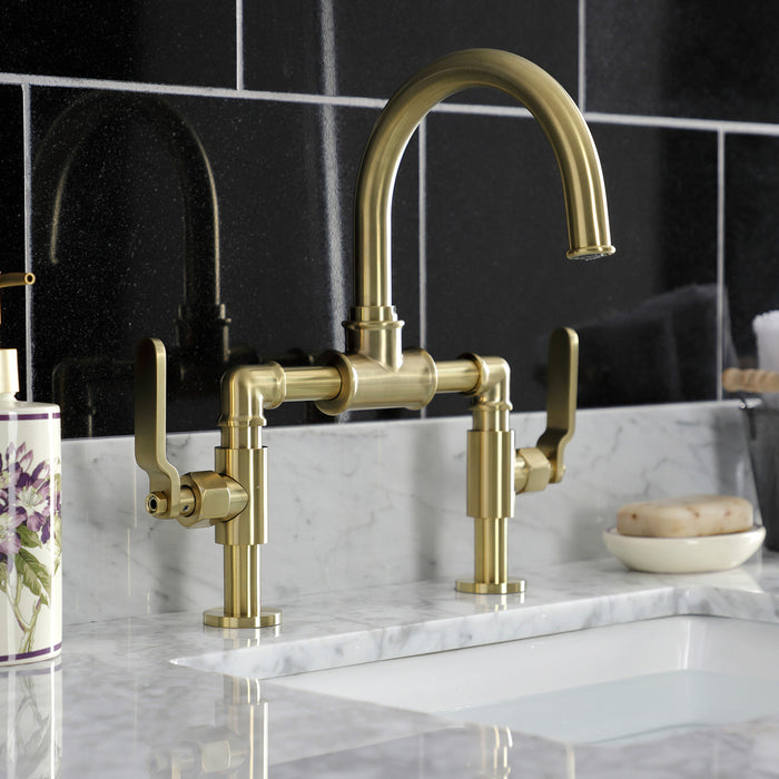 Kingston Sona KS2177KL - Whitaker Two-Handle 2-Hole Deck Mount Bridge Bathroom Faucet with Push Pop-Up Drain, Brushed Brass