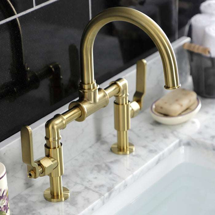 Kingston Sona KS2177KL - Whitaker Two-Handle 2-Hole Deck Mount Bridge Bathroom Faucet with Push Pop-Up Drain, Brushed Brass