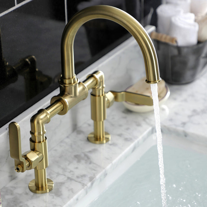 Kingston Sona KS2177KL - Whitaker Two-Handle 2-Hole Deck Mount Bridge Bathroom Faucet with Push Pop-Up Drain, Brushed Brass