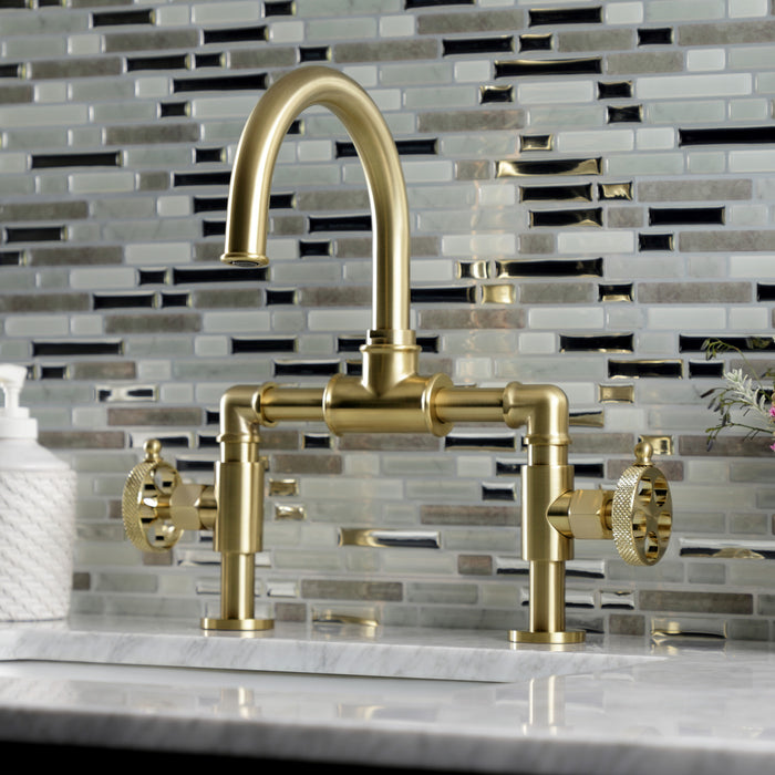 Kingston Sona KS2177RKX - Webb Two-Handle 2-Hole Deck Mount Bridge Bathroom Faucet with Knurled Handle and Push Pop-Up Drain, Brushed Brass
