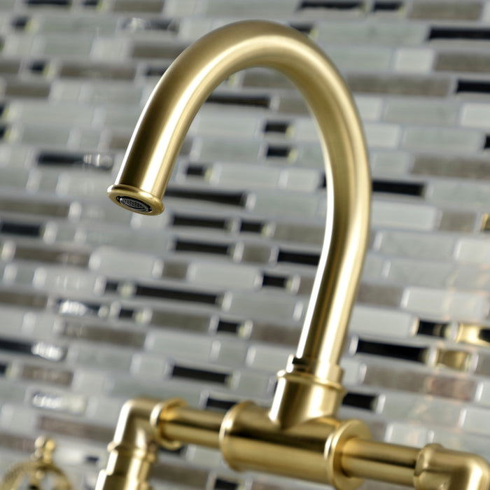 Kingston Sona KS2177RKX - Webb Two-Handle 2-Hole Deck Mount Bridge Bathroom Faucet with Knurled Handle and Push Pop-Up Drain, Brushed Brass