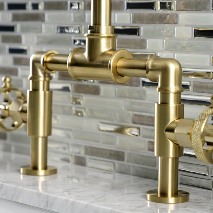 Kingston Sona KS2177RKX - Webb Two-Handle 2-Hole Deck Mount Bridge Bathroom Faucet with Knurled Handle and Push Pop-Up Drain, Brushed Brass