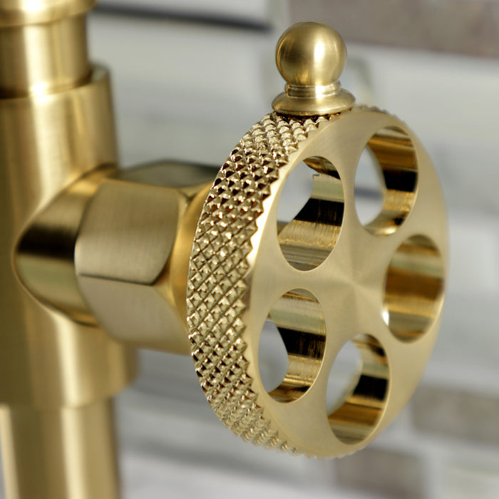Kingston Sona KS2177RKX - Webb Two-Handle 2-Hole Deck Mount Bridge Bathroom Faucet with Knurled Handle and Push Pop-Up Drain, Brushed Brass