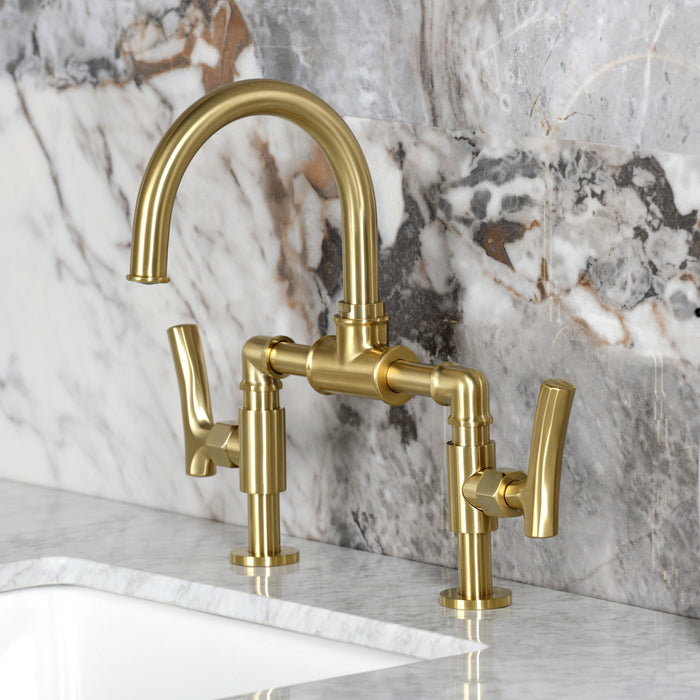 Kingston Sona KS2177TKL - Hallerbos Two-Handle 4-Hole Deck Mount Bridge Bathroom Faucet with Push Pop-Up Drain, Brushed Brass