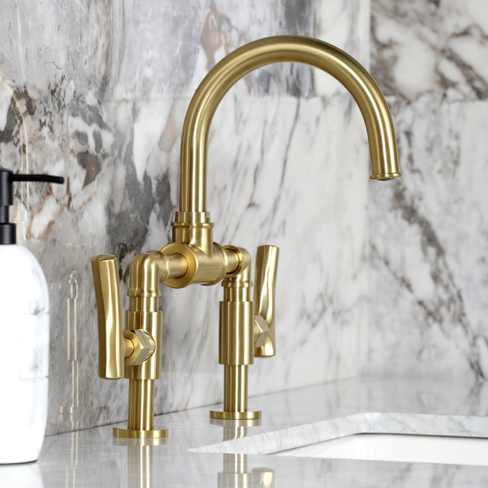 Kingston Sona KS2177TKL - Hallerbos Two-Handle 4-Hole Deck Mount Bridge Bathroom Faucet with Push Pop-Up Drain, Brushed Brass