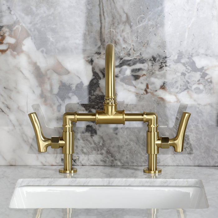 Kingston Sona KS2177TKL - Hallerbos Two-Handle 4-Hole Deck Mount Bridge Bathroom Faucet with Push Pop-Up Drain, Brushed Brass