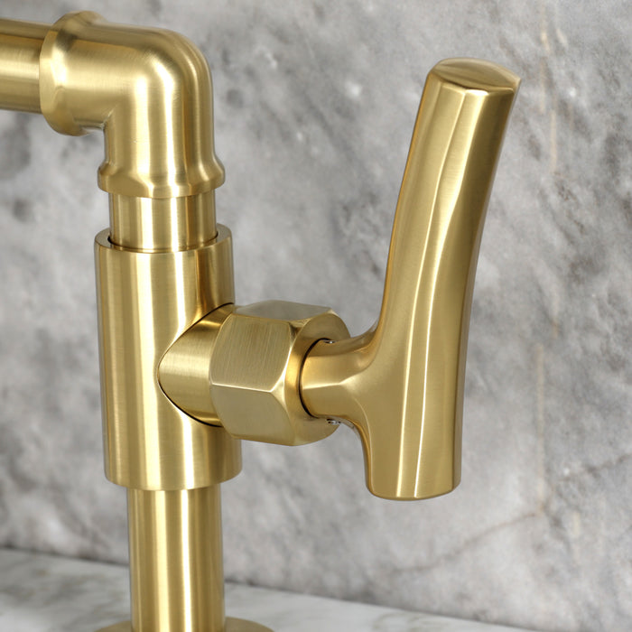 Kingston Sona KS2177TKL - Hallerbos Two-Handle 4-Hole Deck Mount Bridge Bathroom Faucet with Push Pop-Up Drain, Brushed Brass