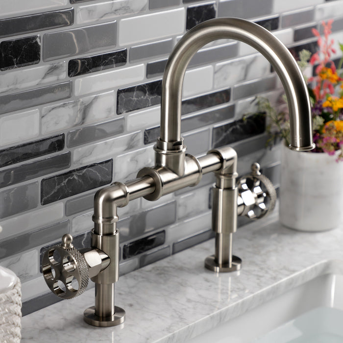 Kingston Sona KS2178RKX - Webb Two-Handle 2-Hole Deck Mount Bridge Bathroom Faucet with Knurled Handle and Push Pop-Up Drain, Brushed Nickel