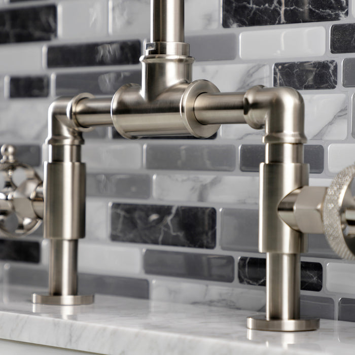 Kingston Sona KS2178RKX - Webb Two-Handle 2-Hole Deck Mount Bridge Bathroom Faucet with Knurled Handle and Push Pop-Up Drain, Brushed Nickel