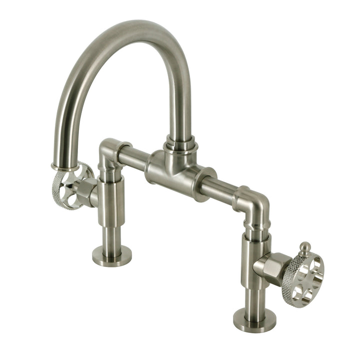 Kingston Sona KS2178RKX - Webb Two-Handle 2-Hole Deck Mount Bridge Bathroom Faucet with Knurled Handle and Push Pop-Up Drain, Brushed Nickel