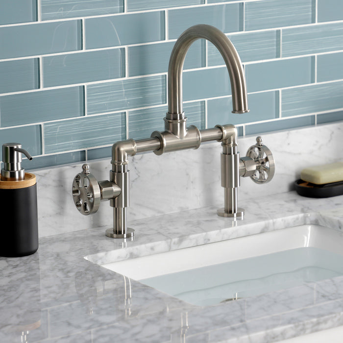 Kingston Sona KS2178RX - Belknap Two-Handle 2-Hole Deck Mount Bridge Bathroom Faucet with Push Pop-Up Drain, Brushed Nickel